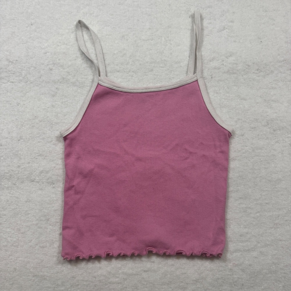 Brandy Melville Pink Ribbed Lettuce Hem Cami Crop Tank Top White Trim One Size